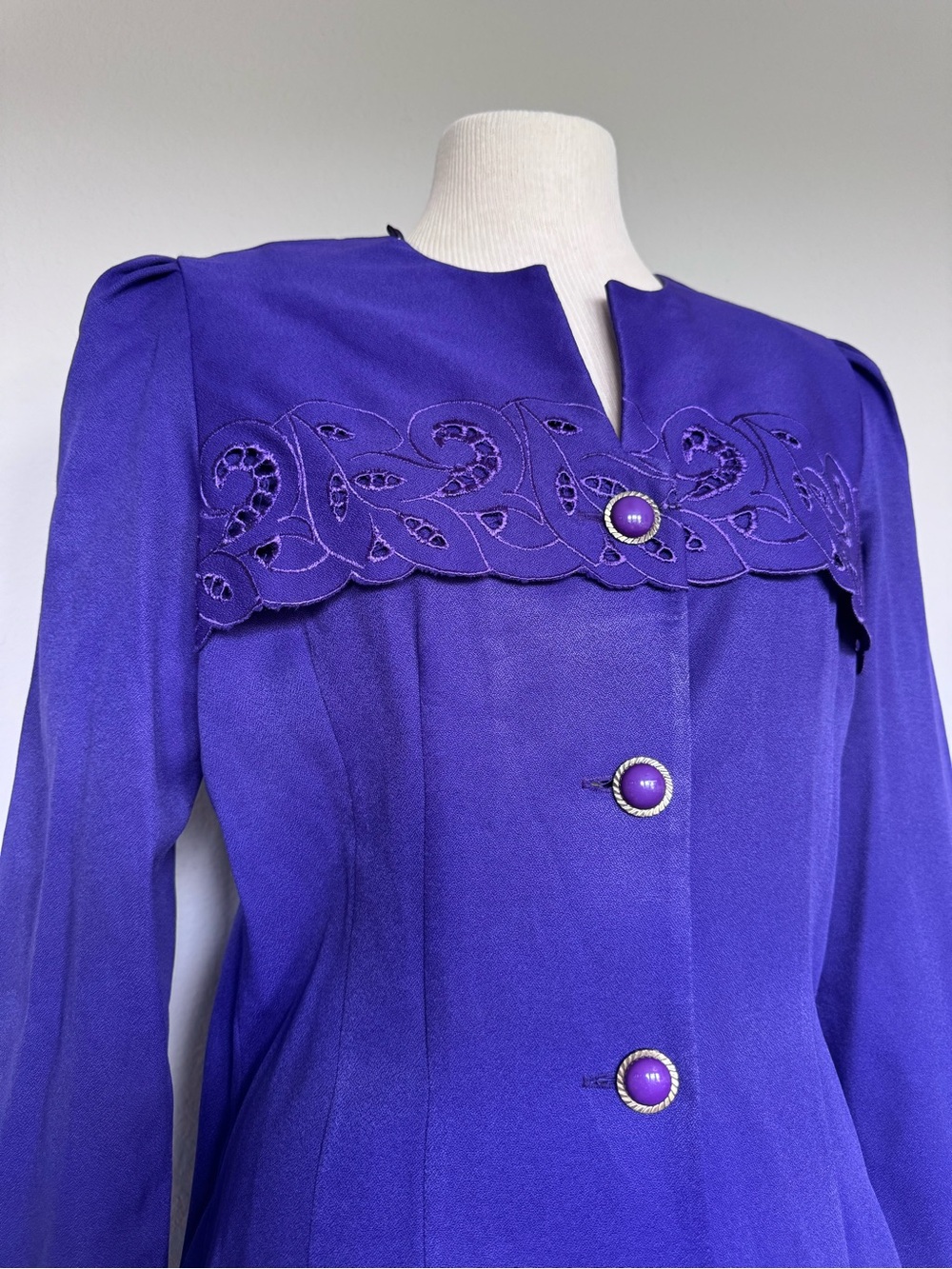 Vintage 80s Royal Purple Button Down Midi Dress Scalloped Bib Coquette Size 14